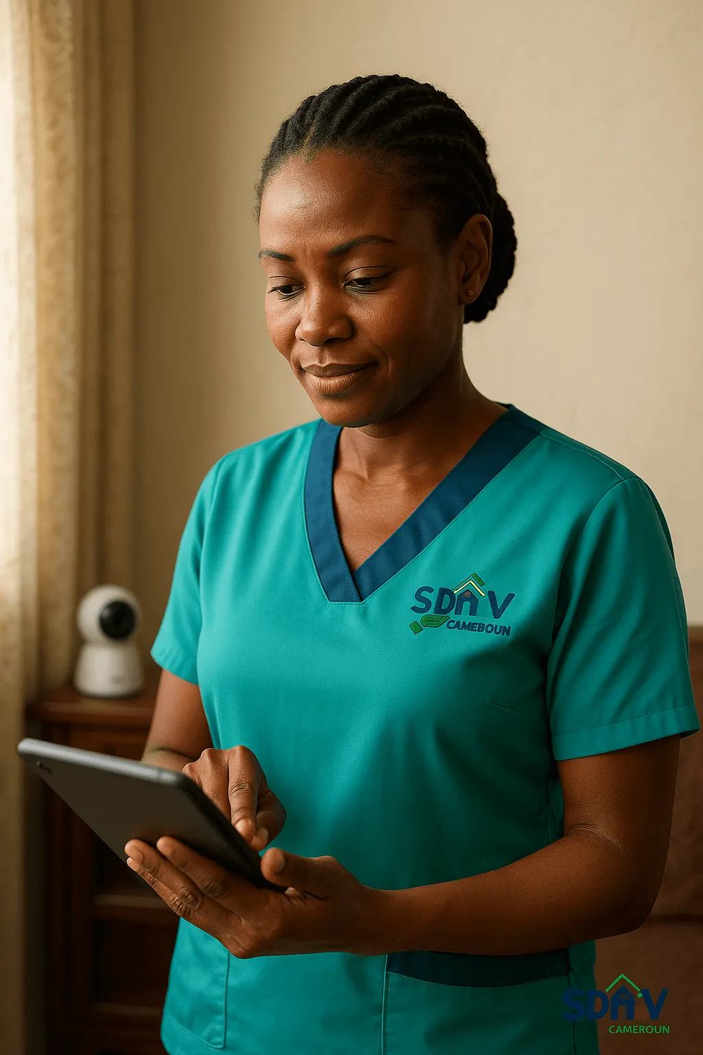 Auxiliaire de vie formée par SDAV, tablette en main